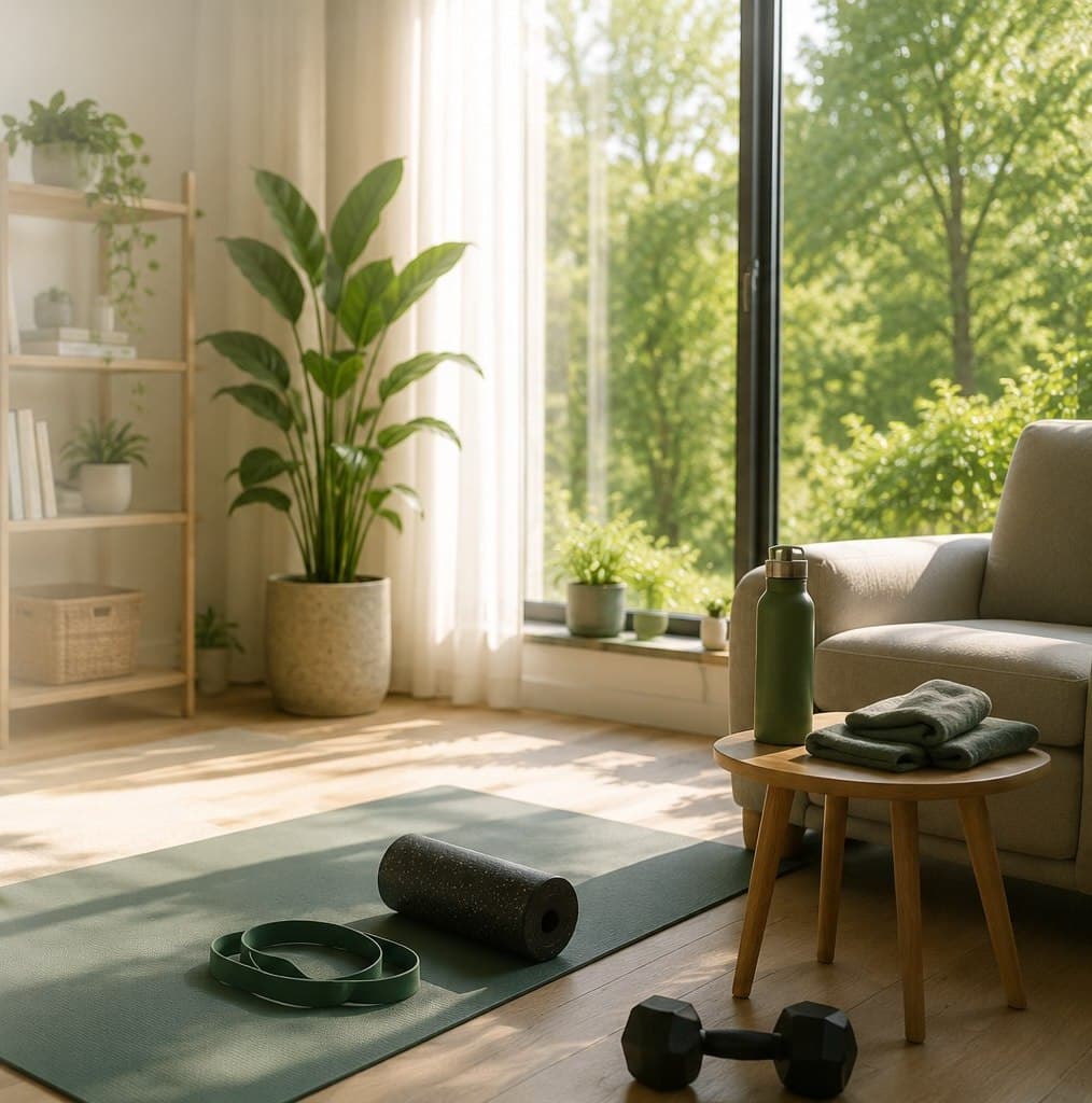 A calm home mobility and workout space with a mat, resistance band, and dumbbells
