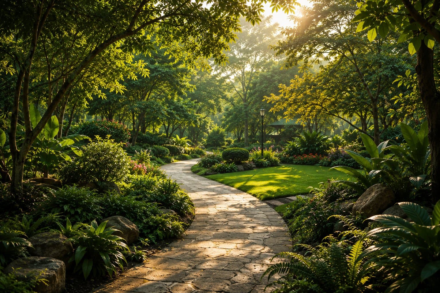 Stone garden path leading through lush greenery to a quiet pavilion