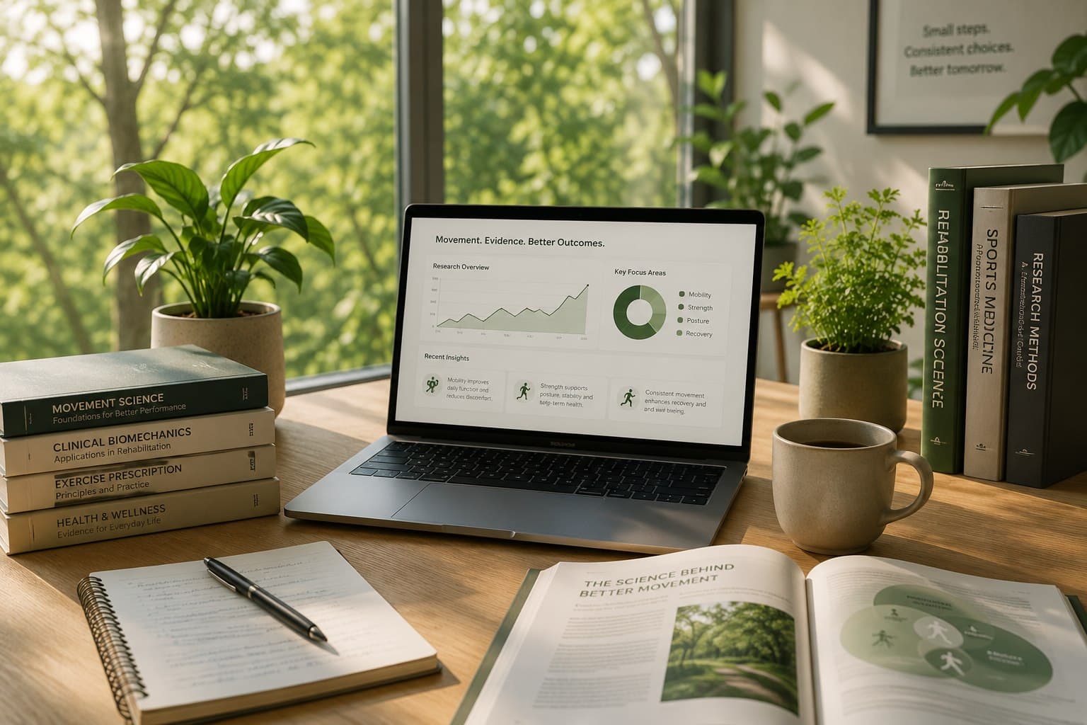 A research desk with movement science books, a laptop, and a notebook, framed by greenery outside the window